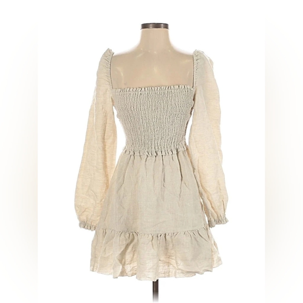 Aritzia Wilfred Women’s Tempest Linen Mini Dress Oatmeal Smocked Tiered - Small
